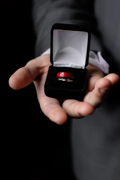 Close view of a wedding ring held in its presentation box